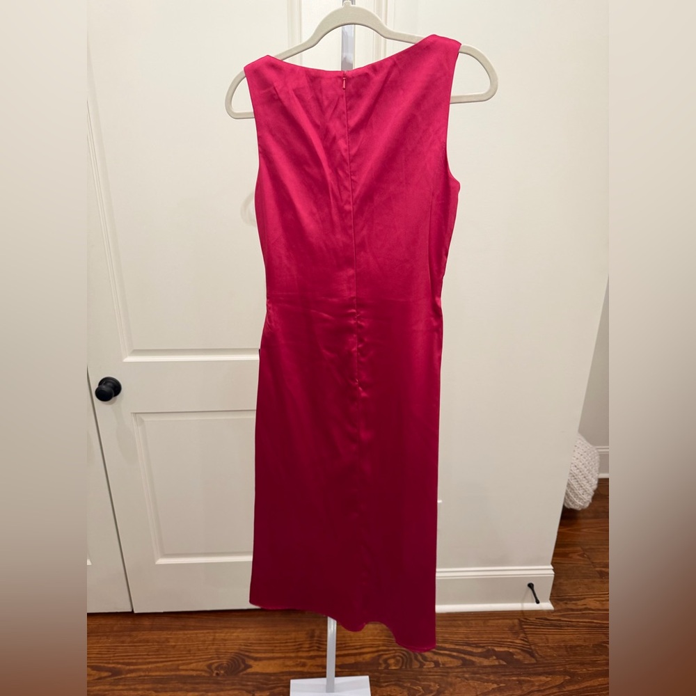 MAC DUGGAL 26625 SATIN RUCHED V-NECK FAUX WRAP LIPSTICK PINK MIDI DRESS sz 4 - Picture 10 of 11